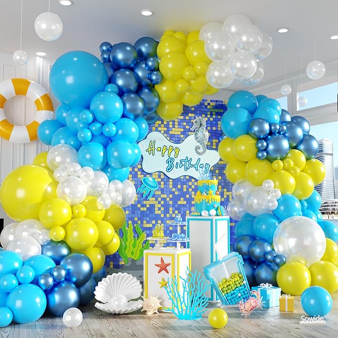 Yellow Blue Clear Balloon Arch Kit for Underwater Ocean Theme Birthday & Summer Party, Balloon Garland for Baby Shower, Beach and Kids Party Decorations