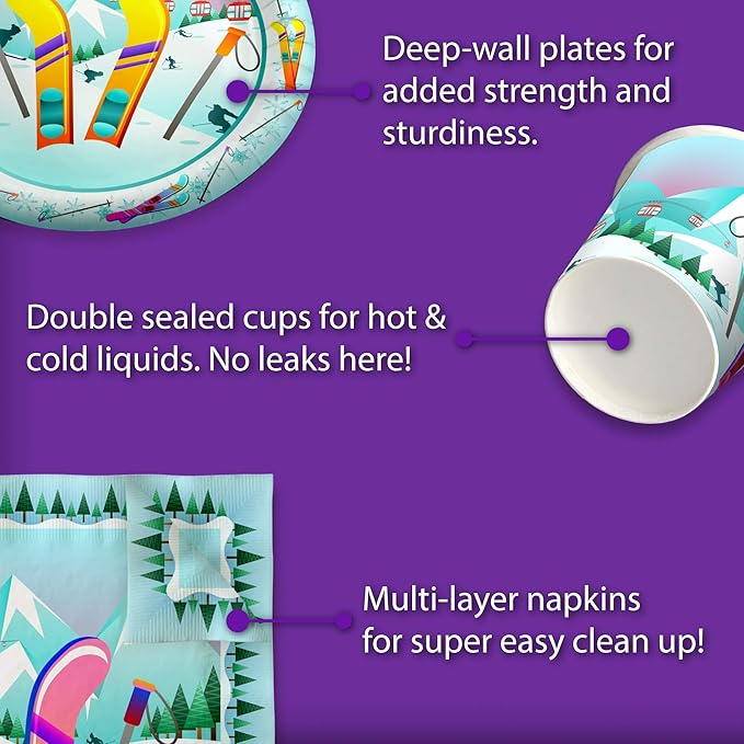 Birthday Galore Skiing Themed Party Supplies for Kids and Adults - Fun Celebration Set with Plates, Napkins, Cups, Tableware, Quick Setup, Colorful Decorations for Every Birthday Events - Kit for 16
