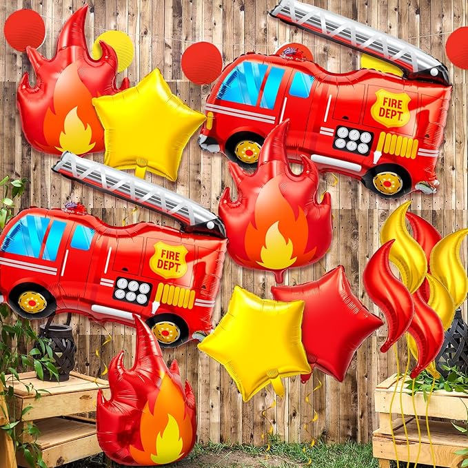 18 Pcs Fire Truck Balloons Set 4 Aluminum Foil Flame Balloon, 2 Fire Truck Firefighter Balloon, 6 Fire Balloons, 6 Star Balloons for Rescue Themed Decoration Firefighter Birthday Party Supplies