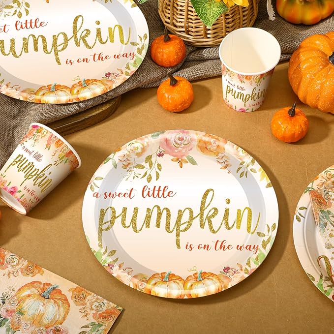 Hushee 200 Pcs Little Pumpkin Baby Shower Paper Plates Napkins Cups Baby Shower Party Supplies Tableware Set Yellow Disposable Cup Napkin for 50 Guest Autumn Thanksgiving Party Decoration
