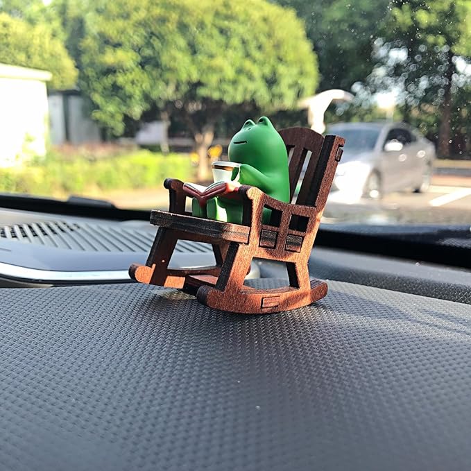 Cute Coffee Frogs on Rocking Chair Statues Collectibles Figurines Ornaments for Car Dashboard Decorations Accessories Interior Dash Board Charms Birthday Cake Toppers Decoration Decor