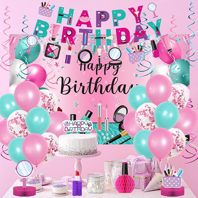 Roetyce Makeup Birthday Party Decorations - 46PCS Kit, Pink Spa Themed Birthday Supplies With Banner, Balloons, Cake Topper