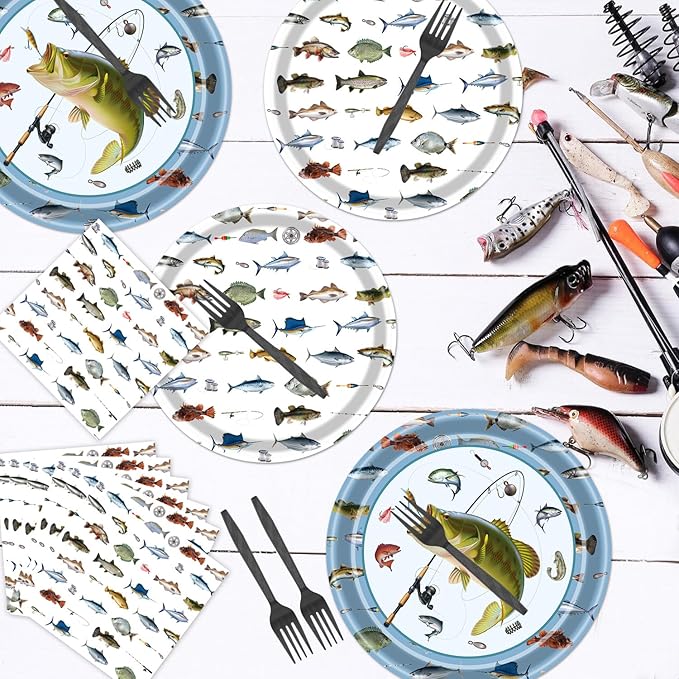 Rakuto Gone Fishing Party Plates, 96PCS Fishing Birthday Party Decorations Supplies, Fish Themed Paper Plates and Napkins Forks Disposable Tableware Supplies(24 Guests)