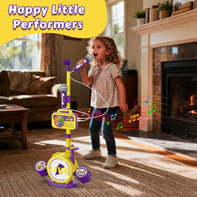 Kids Karaoke Microphone with Adjustable Stand – Bluetooth Kids Karaoke Machine with Lights, Voice Changer, & Recording –Microphones for Singing, Christmas & Birthday Gifts for Girls-Yellow