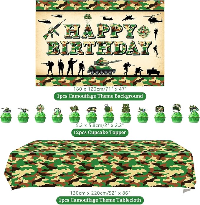 Camo Birthday Party Decoration, Army Party Supplies, Plates Cups Napkins Camo Tablecloth Happy Birthday Backdrop Balloons Cake Toppers for Boy Camouflages Hunting Military Party Supplies (Backdrop)