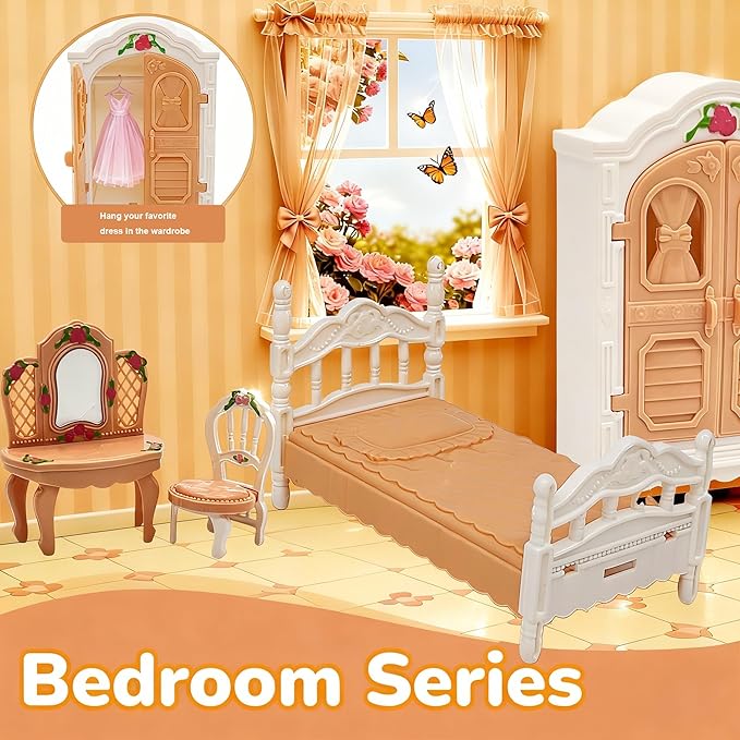 Dollhouse Furniture Set, 38 Pcs Miniature Doll House Accessories with Dogs and Cat ，Kitchen Bedroom Living Room Bathroom Furniture, Toy for Kids Ages 3+ Boys Girls, Great Gift Idea