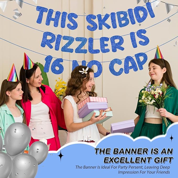 Fulmoon Pre Strung This Skibidi Rizzler Is 16 No Cap Glitter Banner 16th Birthday Party Decorations, Funny Birthday Sign, Party Supplies, Ideas, Gifts, Dark Blue