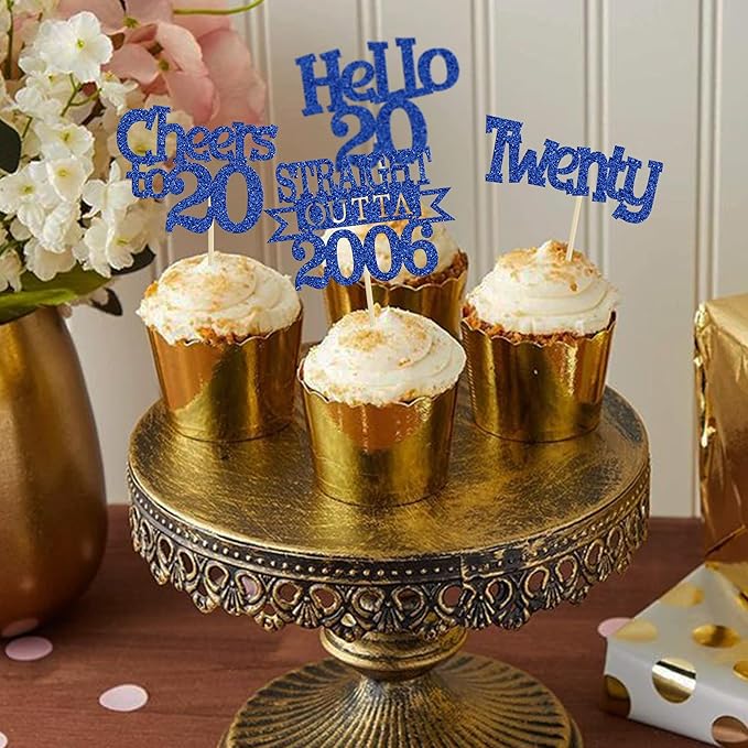 Ephlyn 24Pcs Happy 20th Birthday Cupcake Toppers Glitter Straight Outta 2006 Cupcake Picks Hello 20 Cheers to 20 Years Cake Decorations for 20th Birthday Anniversary Party Decorations Supplies Blue