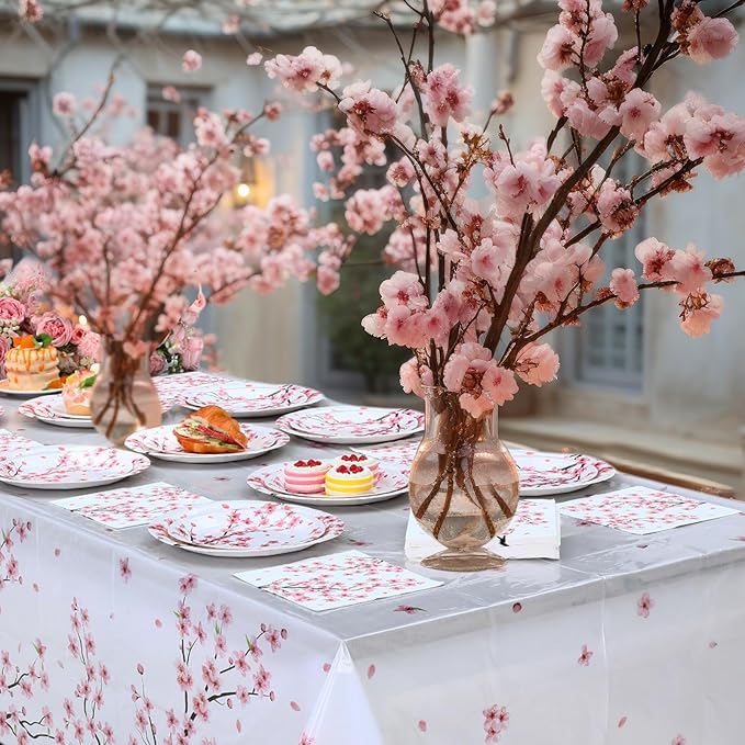 Zhehao 101 Pcs Cherry Blossom Party Tableware Set Cherry Blossom Party Supplies Includes 50 Pcs Paper Plates, 50 Pcs Napkins and 1 Tablecloth for Birthday Baby Bridal Shower Party Decorations