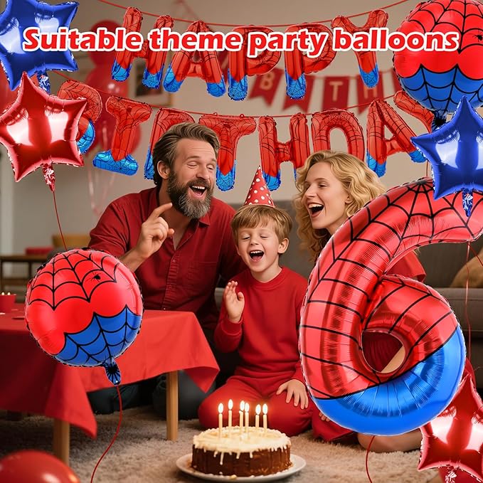 Spider Themed Happy Birthday Banner Party Decorations Set Including 40 Inch Number 6 Foil Balloons, Themed Party Essentials, Colorful Superhero Backdrop Supplies for Boys Indoor Outdoor Celebration