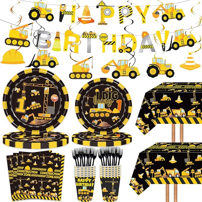 132 Pcs Construction 1st Birthday Party Supplies Dump Truck Theme One Tableware Includes Hanging Swirl, Banner, Plates, Cups, Tablecloth for Boys Im Digging Being 1 Birthday Party Decorations Favors