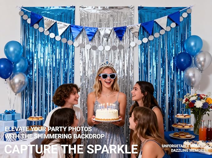 3packs Blue and Silver Foil Fringe Curtains, Blue Birthday Party Decorations Backdrop for Women, Graduation Decorations Tinsel,Retirement Tinsels for Man Him,Wedding Streamers-Each 3.3 x 6.5ft