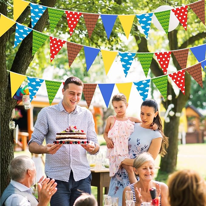 Pasimy 5 Pcs Brothers Birthday Decorations Red Blue Yellow Green Pennant Banners Flags Cartoon Brother Bunting Banner Garland for Cartoon Video Game Birthday Party Baby Shower Decoration