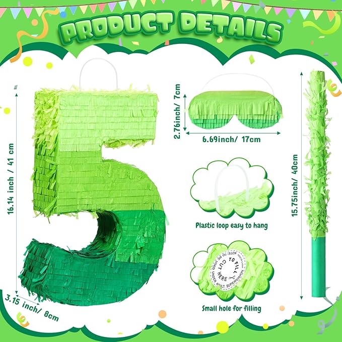 Number Piñata Decorations 16 Inch Gradient Green Piñata with Blindfold Stick and Confetti for Birthday Baby Shower Safari Jungle Themed Party Supplies Centerpiece(Number 5)
