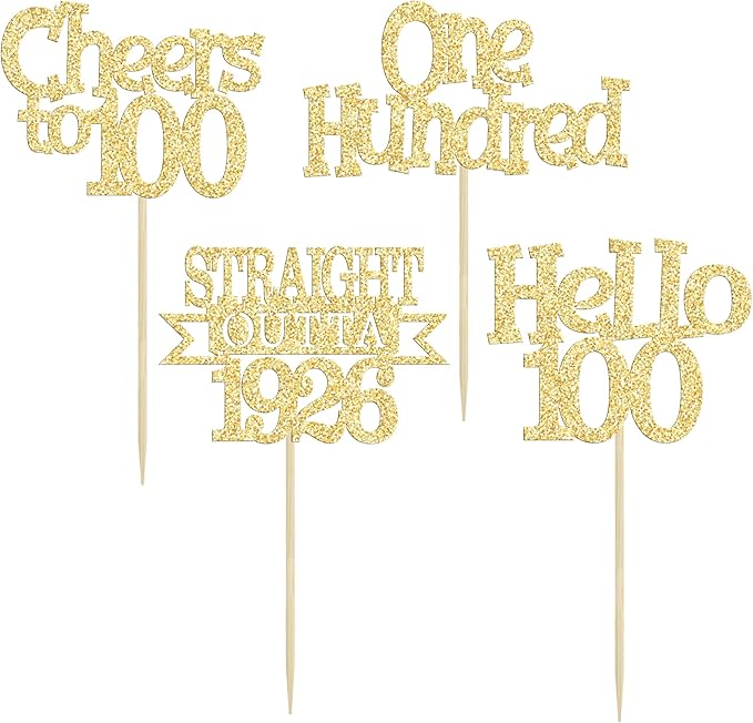 Ephlyn 24Pcs Happy 100th Birthday Cupcake Toppers Glitter Straight Outta 1926 Cupcake Picks Hello 100 Cheers to 100 Years Birthday Cake Decorations for 100th Anniversary Party Supplies Gold