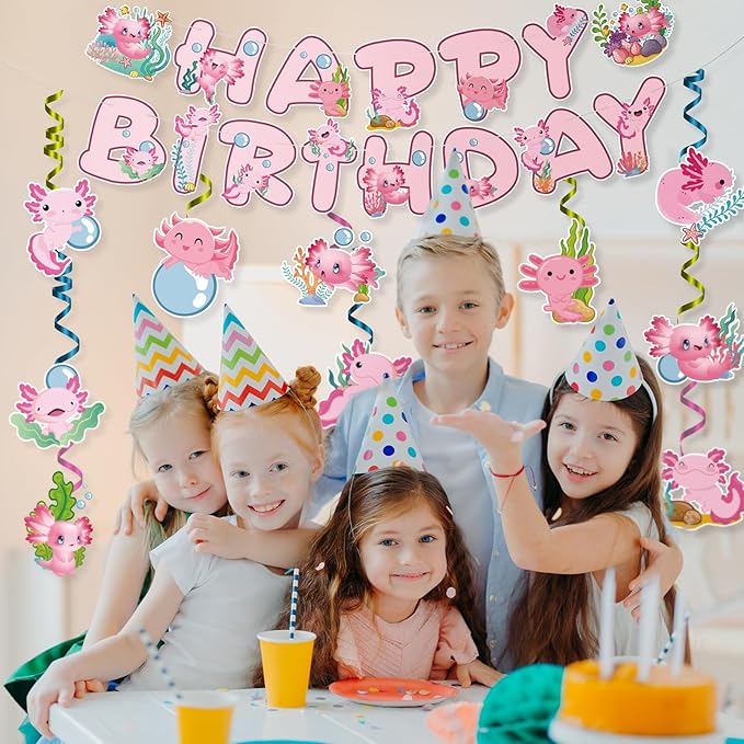 Axolotl Happy Birthday Banner - 12PC Pink Birthday Decor Backdrop Sign Party Supplies Set Cute Animals Photo Background Supplies Hanging Swirls Decorations Girls Boys Women Men Children Kids
