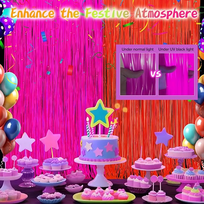 Glow in The Dark Party Supplies 2 Pack Neon Party Decorations Fluorescent Tinsel Foil Fringe Curtains Photo Booth Prop Backdrop Streamer Blacklight Decorations (Neon Hot Pink+Neon Orange)
