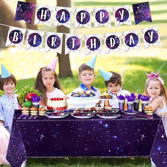 Tiamon 171 Pcs Galaxy Space Party Decoration Tableware Set Space Theme Birthday Decoration Galaxy Tablecloth Paper Plates Napkins, Birthday Banner for 24 Guests Party Supplies (Vivid Style)