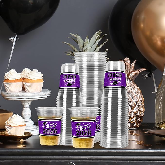 Gatherfun Class of 2026 Celebration - 100 Pcs 16oz Pruple Graduation Plastic Cups for Sturdy & Durable Drinkware for Grad Festivities | Essential Graduation Party Supplies & Decorations