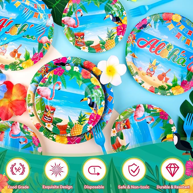 96Pcs Luau Aloha Party Decorations, Hawaiian Birthday Party Supplies Bundle Luau Plates and Napkins, Summer Tropical Birthday Party Decorations Serves 24