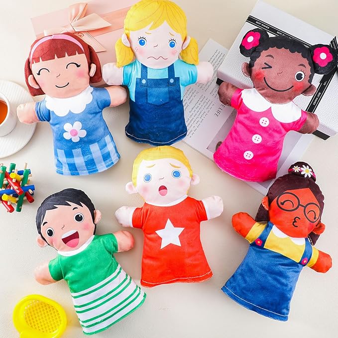 Poen 8 Pcs Hand Puppets Set for Kids Multicultural Hand Puppets Bulk Soft Plush for Toddlers Learning Interaction Suitable for Home Daycare School Classroom Role Play Fantoccini Theater Shows(Feeling)
