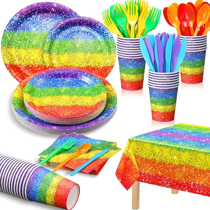 Zhehao 169 Pcs Rainbow Party Decorations Supplies with Disposable Tablecloths Plates Napkins Cups Straws Knives Forks Serve 24 Guests for Birthday Bridal Shower Rainbow Pride Party Favor (Colorful)