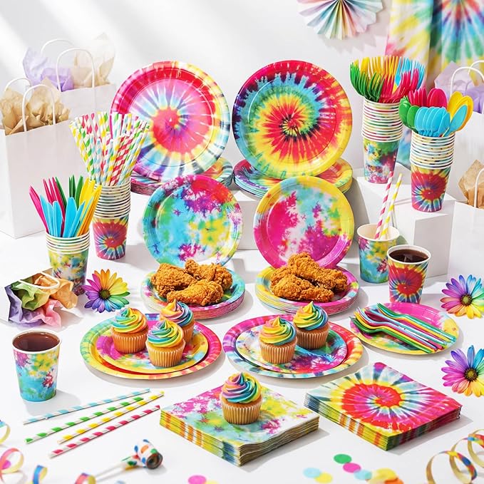 450 Pcs Tie Dye Party Tableware Set Decorations Rainbow Birthday Paper Plates Napkins Cups Cutlery Straws for Hippie Retro 60s/70s Dinner Celebration Birthday Wedding Baby Shower, Serves 50