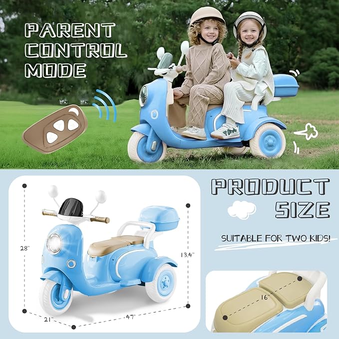 HEIMILI 12V Kids Electric Motorcycle for Girls, 3 Wheel Ride On Motorcycle for Kids 3-5 Years, Mini Battery Powered Motorbike with Bluetooth & MP3, Toddler Electric Ride On Toy, Blue