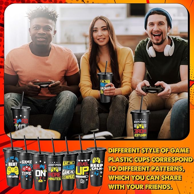 16 Pcs Video Game Plastic Cups Gaming Party Favor with Lids and Straws 24 oz Gamer Reusable Tumbler Water Mug for Fun Video Birthday Party Supplies for Adults (Black)