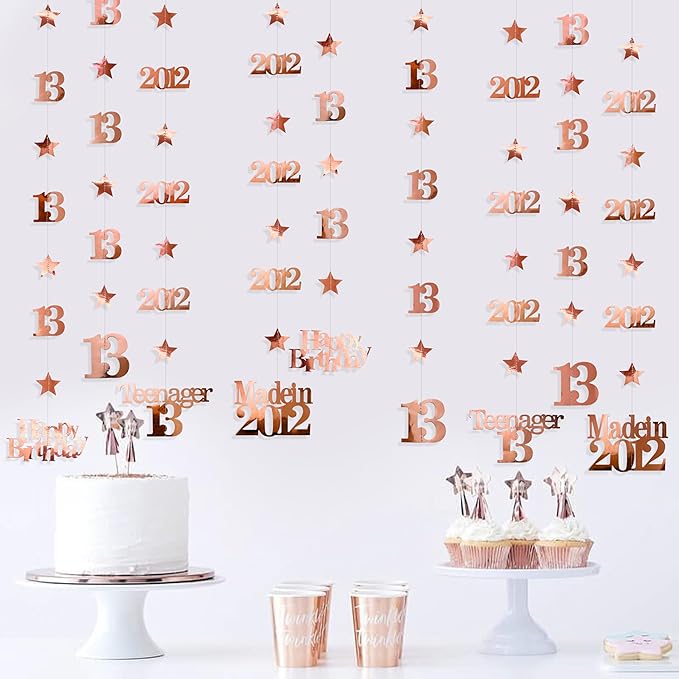 12PCS Rose Gold 13th Birthday Decorations Number 13 and 2012 Star Garland Streamer Banner Backdrop for Girls Cheers to 13 Years Birthday Vintage Made in 2012 Official Teenager Party Decor Supplies