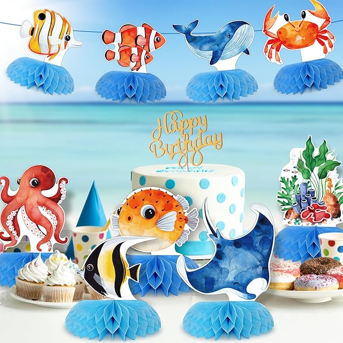 12 pcs Ocean Sea Animals Honeycomb Centerpieces Ocean Themed Birthday Party Decorations Tropical Beach Themed Party Decorations Fish Crab Turtle Seahorse Sea Creature Birthday Party Supplies