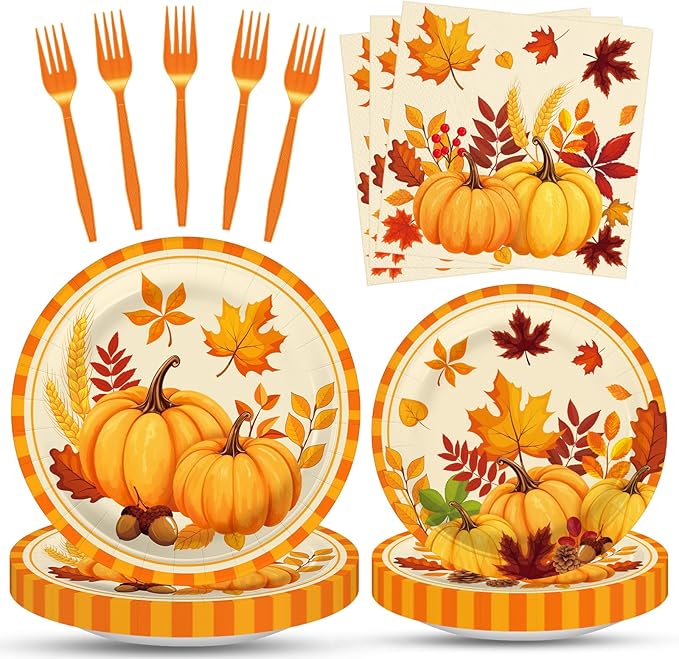 100 Pcs Fall Pumpkin Leaves Tableware Party Supplies Set, Serves 25 – Disposable Autumn Harvest Paper Plates, Napkins, and Forks, Thanksgiving Day Dinnerware for Friendsgiving Gatherings Decorations
