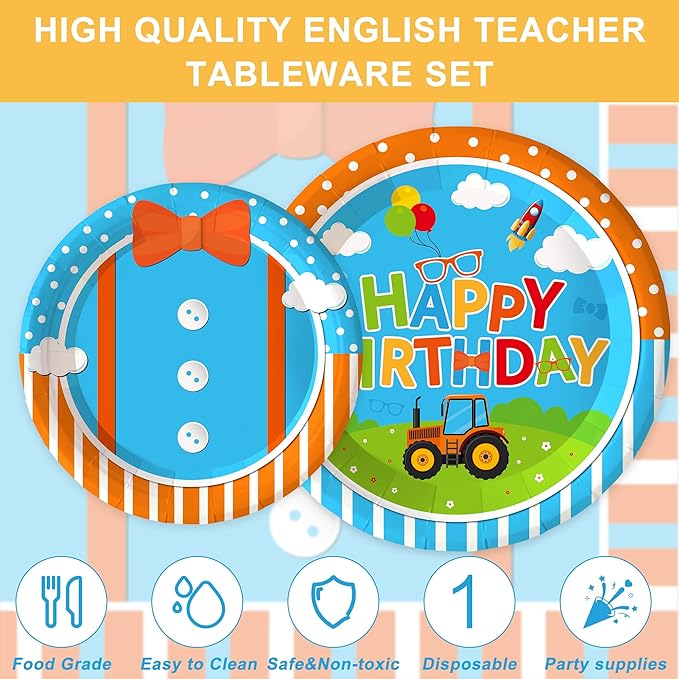 Cartoon English Teacher Birthday Party Supplies Blue and Orange Paper Plates and Napkins Tableware Decorations Set for Kids Birthday Party Supplies for 20 Guests