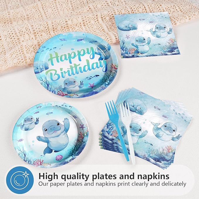 96Pcs Manatee Birthday Decorations Blue Under the Sea Plates and Napkins Ocean Animal Theme Decorations Favors for Kids Sea Ocean Marine Creature Birthday Baby Shower Party Supplies Serves 24