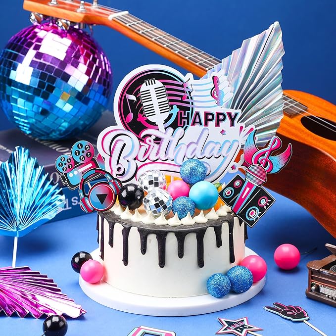Sinmoe 24 Pcs Music Cake Topper Disco Ball Cake Topper Disco Party Supplies for Musician Rock Theme Birthday Party Musical Video Media cupcake decorations