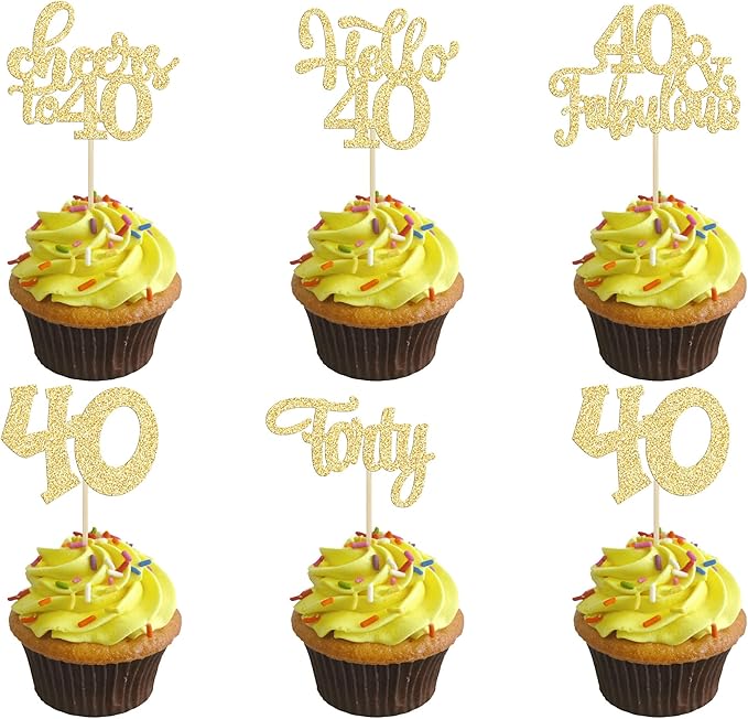 30pcs Happy 40th Birthday Cupcake Toppers - Gold Glitter Forty Cheers to 40 Years Old Cupcake Picks for Anniversary Party Cake Decorations