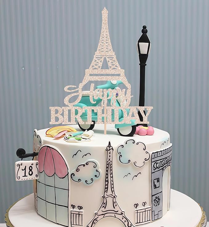 Eiffel Rower Birthday Cake Topper - Rose Gold Glitter Eiffel Rower Theme Birthday Party Cake Decoration Supply - Boy or Girl Architecture Theme Party Cake Decor Photo Prop