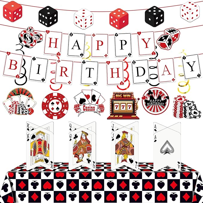 Casino Theme Party Decorations Casino Birthday Banner Poker Tablecloth Centerpieces Hanging Swirl Decorations Poker Party Decorations for Casino Poker Party Supplies (Casino)