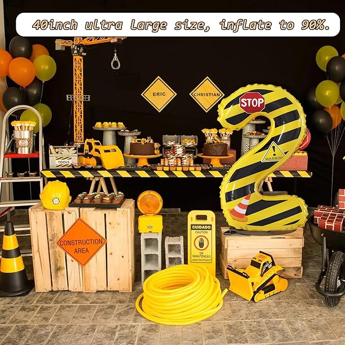 40 Inch Giant Construction Theme Number Balloons - Large Number 2 Balloons Yellow and Black Striped for Kids' Construction Birthday Anniversary Party Decorations Supplies Number 2-4 Balloon