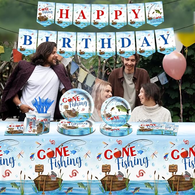 142 Pcs Gone Fishing Tableware,Fishing Birthday Party Decoration Little Fisherman Gone Fishing Themed Disposable Tablecloth,Plates,Napkins Cups Forks and Knives Supplies of Fishing Birthday Party