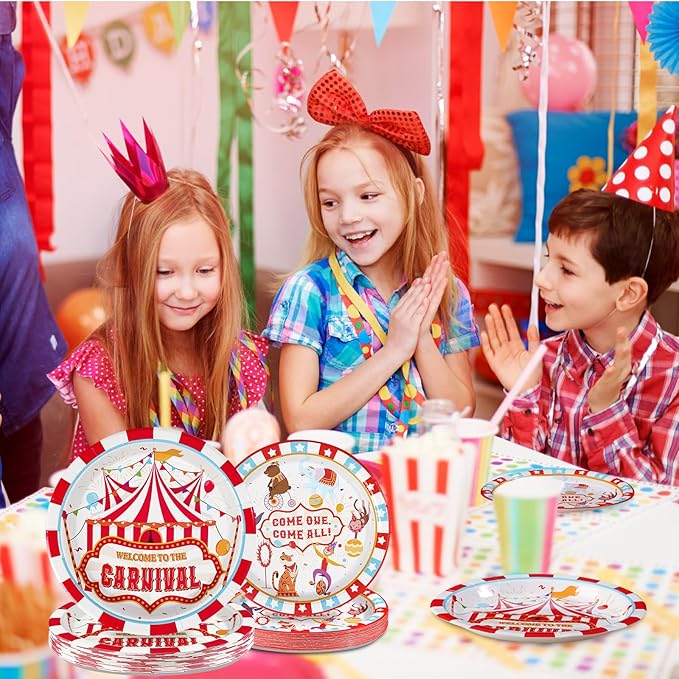 Grencian 96Pcs Carnival Party Decorations Carnival Circus Plates and Napkins Disposable Circus Theme Birthday Paper Tableware Set for Birthday Baby Shower Party Supplies, Serves 24