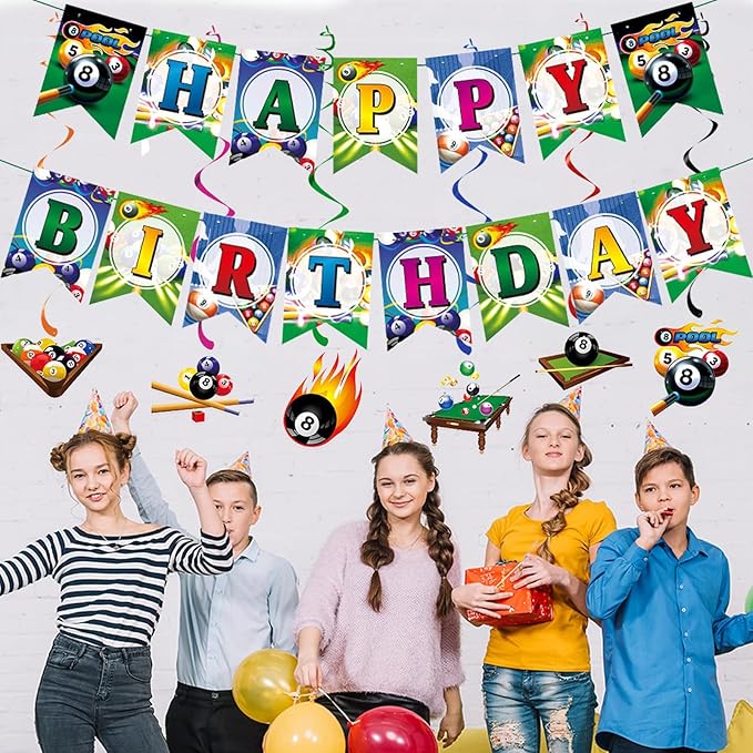 Zwiebeco Multicolored Billiards Happy Birthday Banner Bunting Hanging Paper Swirls Garland Party Decorations for Boys Girls Womens Mens Adults Billiards Sports Themed Bday Decor Accessories Supplies