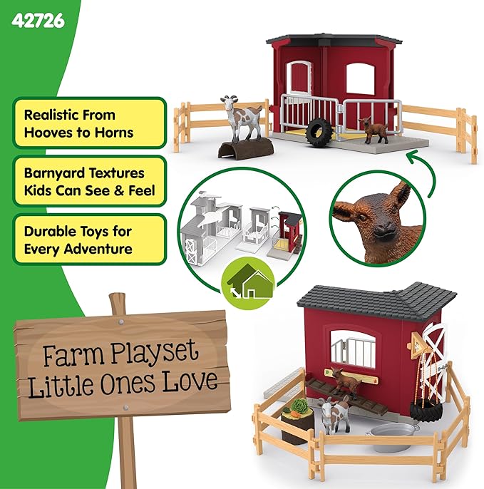 Schleich Farm World – 31PC Goat Stable Playset with 2 Goat Figures and Accessories – Farm Animal Toys for Boys and Girls – Pretend Play Barn Toy for Imaginative Play - Toddlers, Kids Ages 3+ | 42726