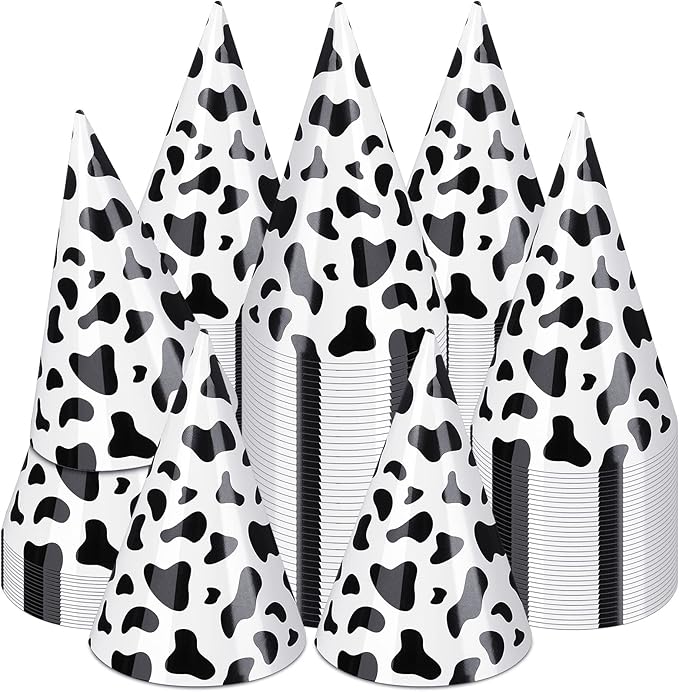 Teling 30 Pieces Birthday Party Hats Car/Cow Themed Paper Cone Hat Birthday Party Supplies Decorations for Kids(Milk Cow)