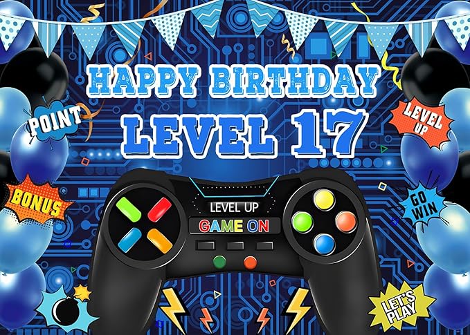 Game Theme Level 17 Birthday Backdrop Video Game Happy 17th Birthday Party Decorations Level Up Theme Boys Kids Birthday Party Supplies(7×5FT)