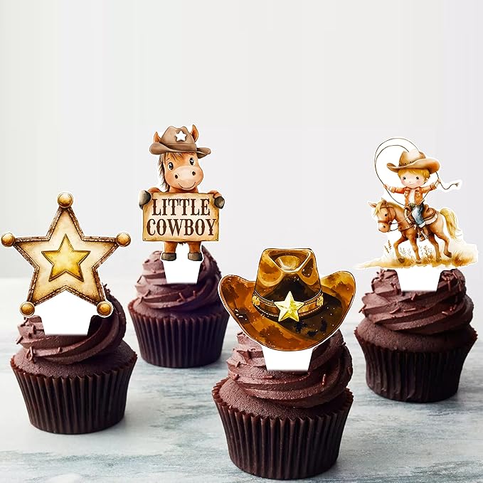 48pcs Western Cowboy Theme Cupcake Toppers for Boy Little Cowboy Baby Shower Cupcake Decorations for First Rodeo Birthday Party A Little Cowboy is On The Way Party Supplies