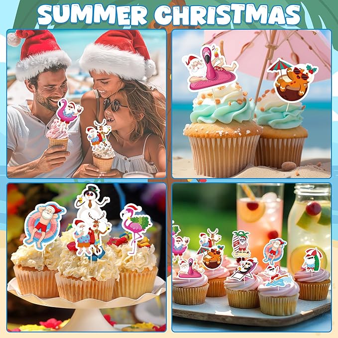 24Pcs Summer Christmas Cupcake Toppers, Santa Beach Cupcake Toppers for Xmas in July Decorations, Paper Summer July Christmas Cake Picks Flamingo Cake Topper Beach Pool Party Theme