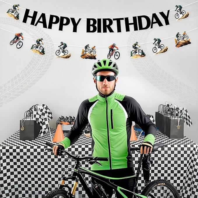 JOYMEMO Mountain Bike Birthday Banners, BMX Bicycle Birthday Decorations for Teens Adults, Sports Racing Bikes Theme Party Supplies Pre-strung