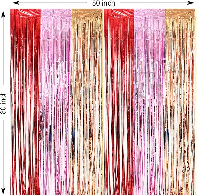 2 Pack Construction Foil Fringe Curtains, 3.3x6.6 Ft Pink Red and Champagne Gold Tinsel Backdrop Party Decorations Door Streamers for Birthday Valentine's Day Engagement Decor