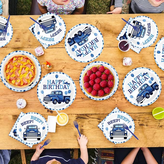 96 Blue Truck Birthday Party Supplies Blue Truck Happy Birthday Plates and Napkins Blue-White Themed Tableware Set for Kids Boys and Girls 1st 2nd 3rd Bday Party Decorations Serves 24